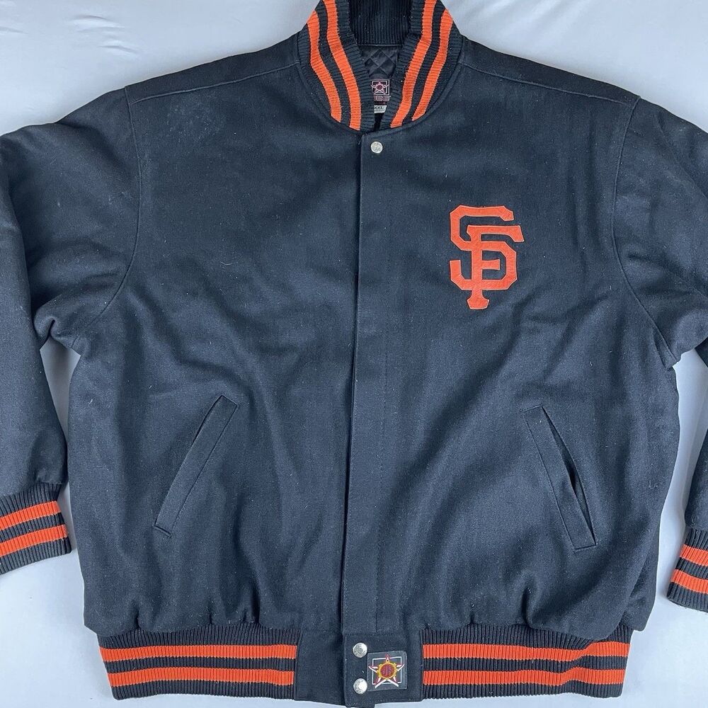 JH DESIGNS SF Giants Varsity Bomber Jacket Men’s XXL Black Wool Orange Leather